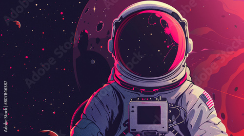 An illustrated astronaut in a spacesuit with a reflective helmet visor against a cosmic backdrop of stars, planets, and a distant reddish landscape.