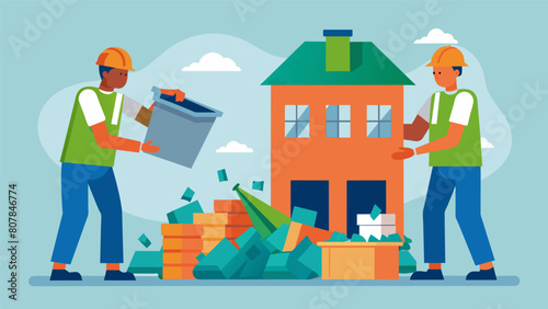 Two workers working together to deconstruct an old structure carefully removing and separating recyclable materials such as glass concrete and. Vector illustration