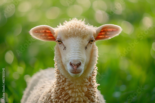 Eid ul Adha concept, A beautiful, cute sheep against a lush green background. Eid celebration