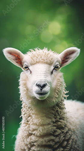 Eid ul Adha concept, A beautiful, cute sheep against a lush green background. Eid celebration