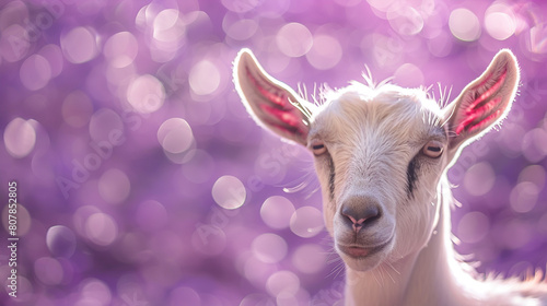 Eid ul Adha concept, A cute goat against a stunning purple background with bokeh effect lights. Eid celebration