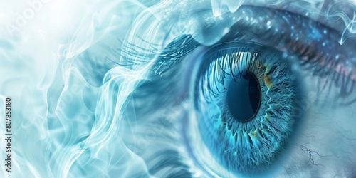 Close-up of a human eye with detailed iris patterns in a surreal blue abstract design, surrounded by wispy smoke and light effects