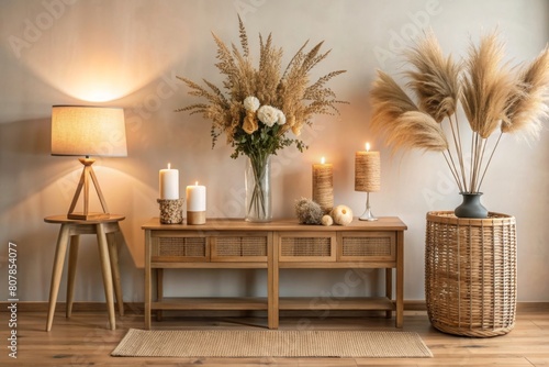 Elegant stylish wooden console, dried flowers bouquet, candles, rattan floor lamp, interior decorations. Modern aesthetic minimalist home living room interior design. Luxury apartment interior