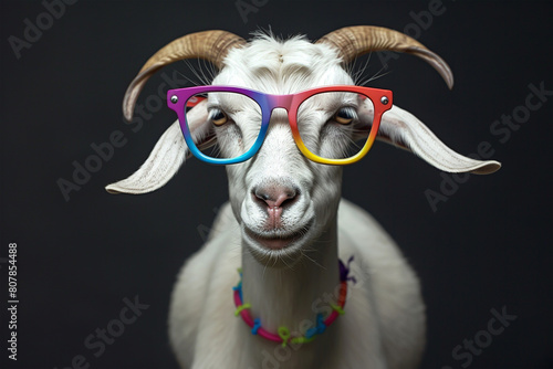 Eid ul Adha concept, A beautiful, cute goat wearing colorful glasses against a sleek black background. Eid celebration