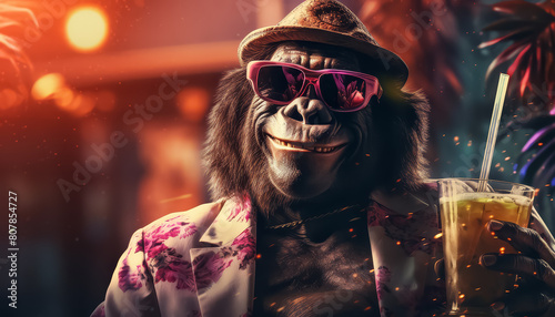 Gorilla in sunglasses on vacation in the tropics
