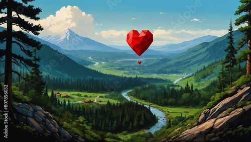 red balloon heart at a big landscape, cartoon art 2 