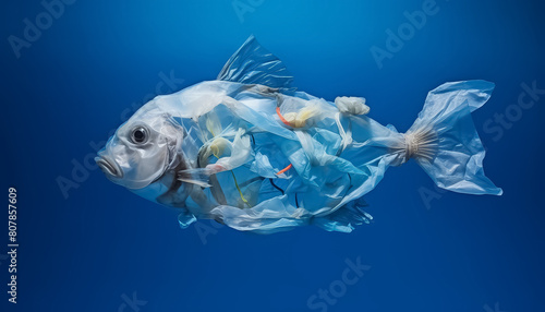 Fish in the sea made of plastic and garbage