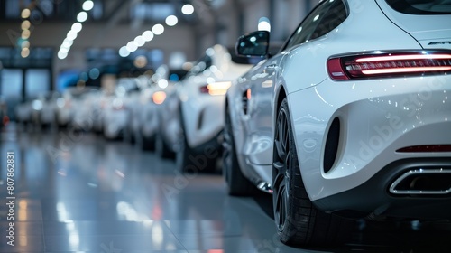 A row of luxury white sports cars parked in a sleek, modern showroom