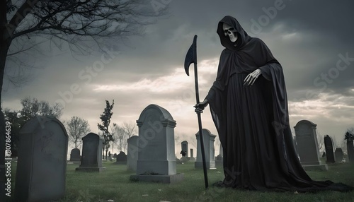 The grim reaper looming over a grave a silent sen
