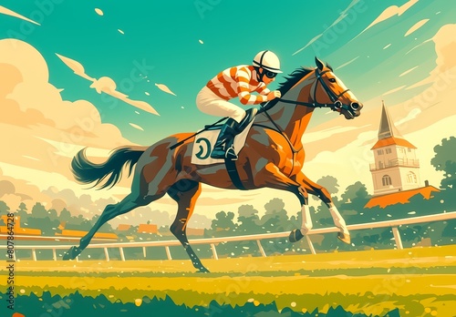 Horse racing with a retro color palette and pastel shades, showing a jockey on the back wearing a white helmet against a background of a sunset sky and green grass landscape.