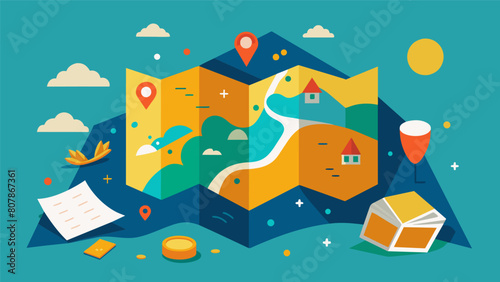 A the knickknacks and trinkets a map folded in thirds was tucked away leading to a forgotten destination.. Vector illustration