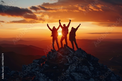 Happy man with arms up jumping on the top of the beautiful mountain - Successful hiker celebrating success on the cliff. Beautiful simple AI generated image in 4K, unique.
