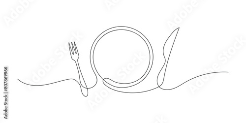 Line drawing of a fork, knife, and plate. A continuous one-line sketch of cutlery and kitchen utensils. Hand-drawn tableware illustration for a restaurant logo or menu cover in linear style art