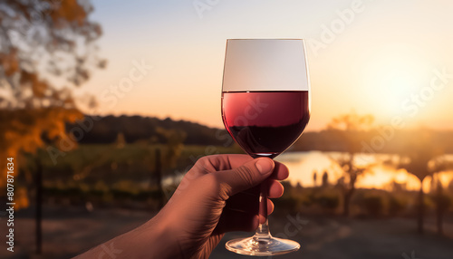 A person is holding a wine glass with a red wine in it