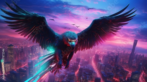Capture a majestic eagle soaring above, with vivid feathers and sharp talons, against a neon-lit urban backdrop, blending the wild with digital flair in a CG 3D rendering