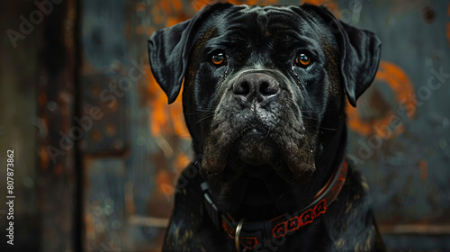 A black dog with an orange collar is looking at the camera.