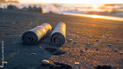 Two yoga mats on the beach at sunset.