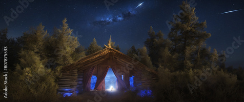 Christmas star and starry sky. Nativity of Jesus Christ. Background. Wonderfully magical scenario