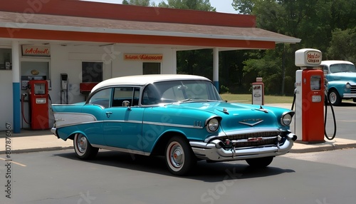 A 1957 chevy bel air parked in front of a retro ga upscaled 4