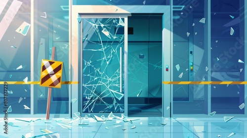 Caution sign stand near cracked doors, realistic 3D modern mockup of broken glass elevators closed for repair or maintenance.