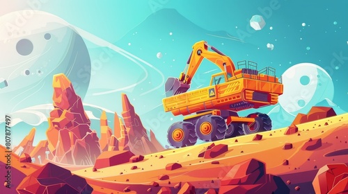 Construction machinery, excavator, and truck on alien planet surface. Modern cartoon infographic of exploration and mining technologies in interstellar space.