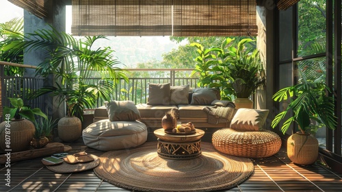 Artistic balcony space with cozy seating, a blend of rustic and modern elements, and thriving plant life