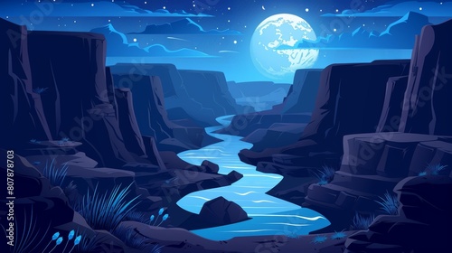 An Arizona river in a canyon at night. Modern cartoon landscape of nature park, a water stream gurgling along a gorge with stone cliffs and rocks.