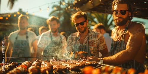 a bachelor party, with a group of men gathered around a barbecue grill, savoring grilled delights and sharing anecdotes, the aroma of smoke and food filling the air