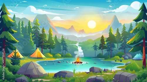 Animated modern flyer showing a cartoon landscape with a river, forest, tents, bonfire, and people roasting marshmallows. Camping banner on lake shore with bonfire.