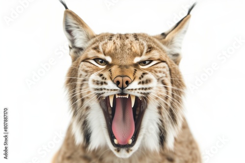 lynx demonstrates its growling on a white background