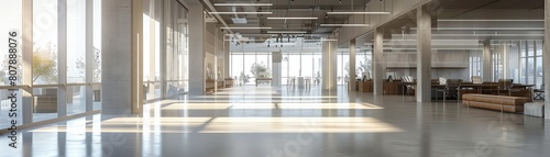 An empty modern office space with large windows, concrete floors, and a minimalist design.