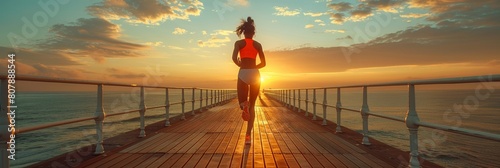 A slim and active woman jogging at the pier during sunset, exuding vitality and wellness.