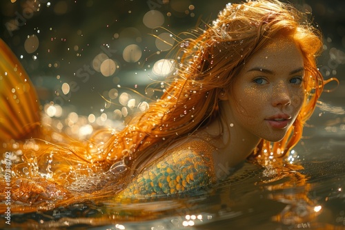 A female fantasy novel character named Mermaid is swimming in the sea with her beautiful and outstanding tails, and some sparkling effect is lighting around her.