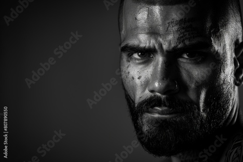 Close-up portrait of a black-and-white photograph of a criminal prisoner man, copy space