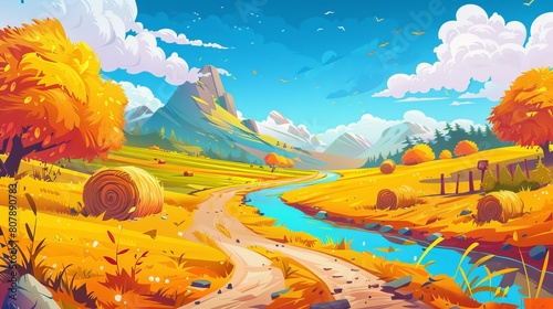Landscape with rural autumn meadows, road, river, hay stacks and mountain on horizon. Farmland parallax effect, countryside natural scenery. Cartoon modern background.