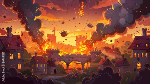 Modern illustration with parallax city in fire, war destruction with abandoned burning buildings and bridge. Cartoon bomb destruction view for game scene.