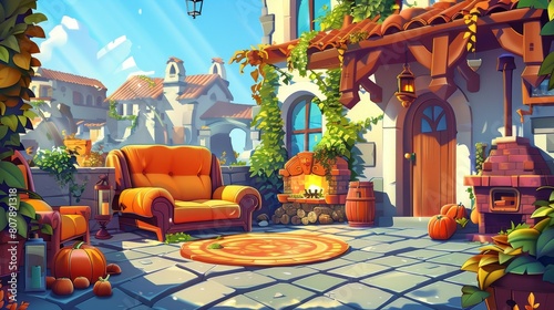 Modern illustration of parallax background patio, cottage courtyard, outdoor area with soft armchair, sofa, BBQ machine, and wood separated layers for 2D game animation, Modern illustration