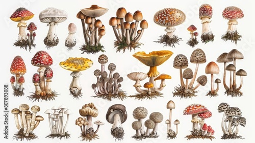 botanical illustration of fungi species, including mushrooms, displayed on a white wall alongside a yellow flower and a brown butterfly