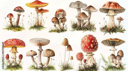 botanical illustration of fungi species of mushrooms, including a brown mushroom, a white mushroom, and a green mushroom, arranged from left to right