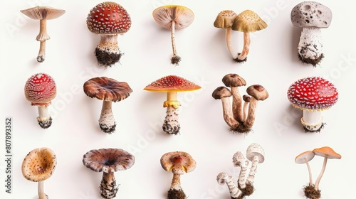 botanical illustration of fungi species of mushrooms, including a brown mushroom, a white mushroom, and a small mushroom, arranged from left to right