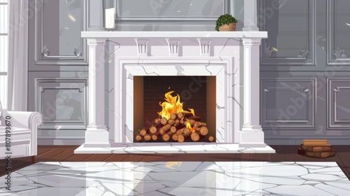 This is a modern realistic illustration showing a marble fireplace with a pile of logs inside an empty living room. The fireplace is framed in stone, with pilasters and a mantelpiece, and the