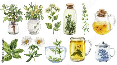 botanical illustration of herbal tea ingredients displayed in a clear glass vase with a white flower and green leaf, accompanied by a glass handle