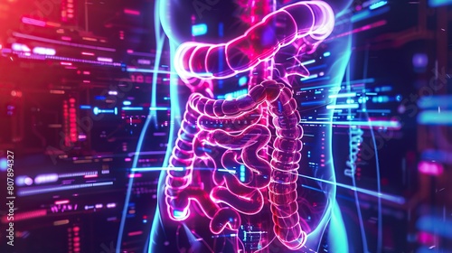 A detailed intestinal Xray image embedded within a vaporwave background, illustrating the fusion of modern medical technology with 80sinspired art