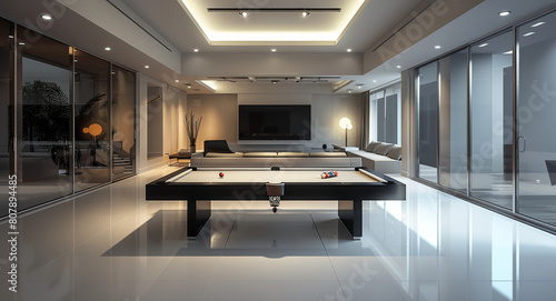 The minimalist modern decor of this billiards lounge offers a sleek and refined ambiance. Generative AI.