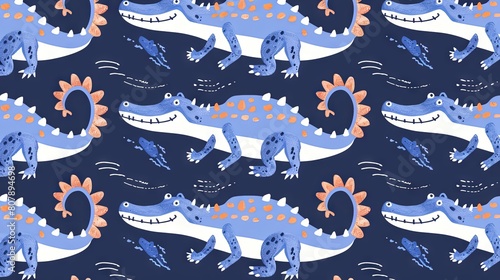 Playful blue crocodile pattern for children's textiles
