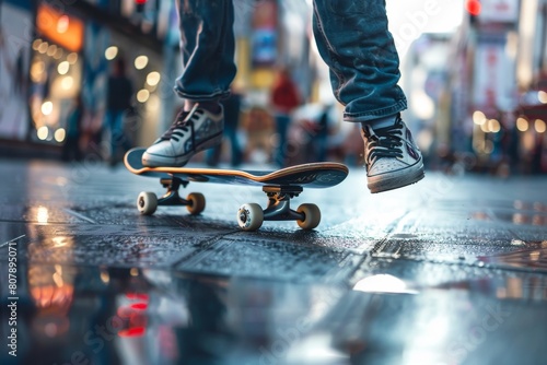 close up of man legs playing skateboard on bokeh style background