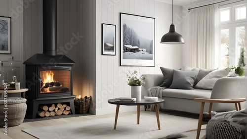 "Step into a cozy Scandinavian living room, complete with a crackling fireplace and a large, empty poster frame just waiting for your personal touch."