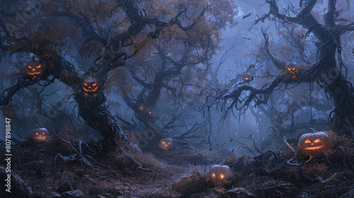 a desolate clearing surrounded by a haunted forest, where spectral pumpkins with sinister expressions cast an eerie glow on the gnarled branches of dead trees, hinting at the malevolent forces that dw