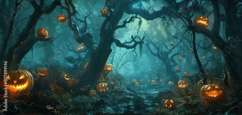 a desolate clearing surrounded by a haunted forest, where spectral pumpkins with sinister expressions cast an eerie glow on the gnarled branches of dead trees, hinting at the malevolent forces that dw