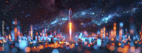 Creative Business Growth Depiction with Rocket Launching from Graph in Space